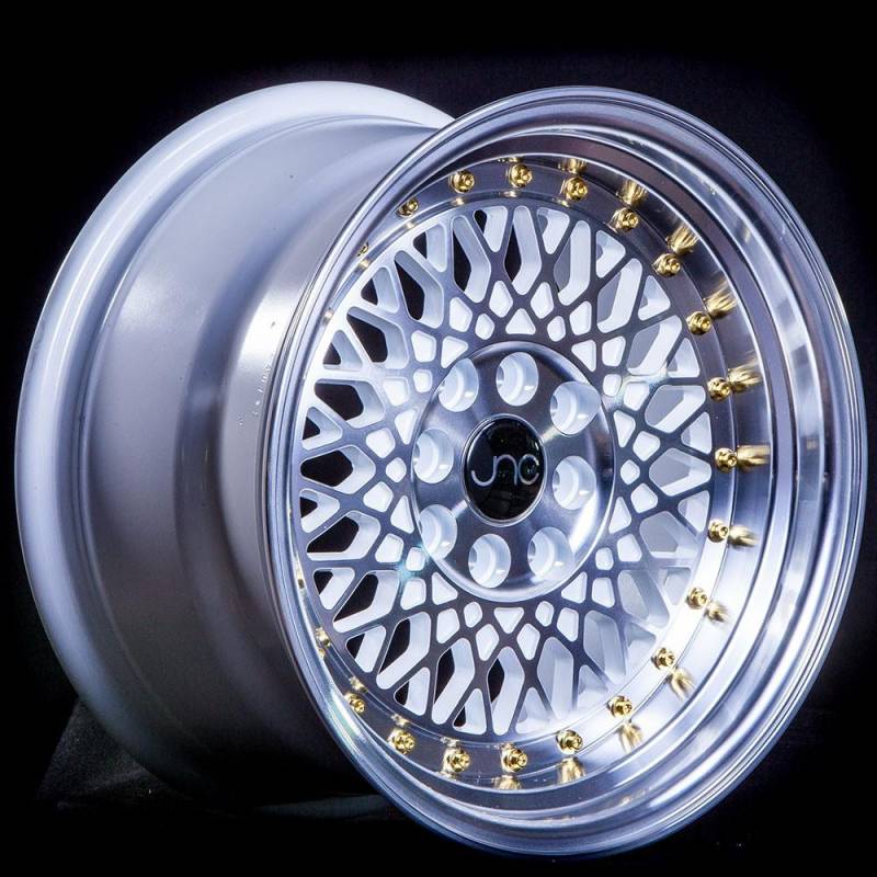 JNC Wheels Rim JNC031 White Machined Face Gold Rivets 15x8 4x100 4x114 