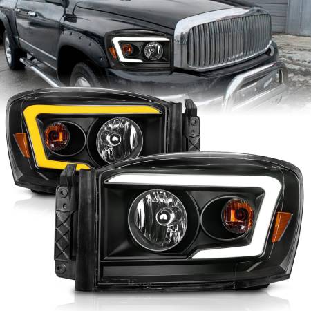 ANZO Headlights, Tail Lights and More  - Anzo 06-09 Dodge RAM 1500/2500/3500 Headlights Black Housing/Clear Lens (w/Switchback Light Bars)
