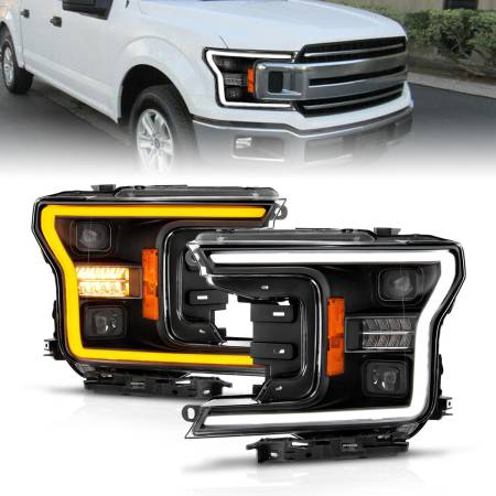 ANZO Headlights, Tail Lights and More  - ANZO 18-20 Ford F-150 (w/o Fctry LED) Full LED Proj Headlights w/Light Bar Swtchbk Seq. Black w/Init