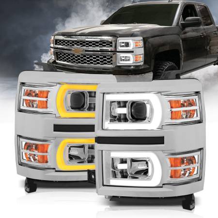 ANZO Headlights, Tail Lights and More  - ANZO 14-15 Chevrolet Silverado 1500 Projector Headlights w/ Plank Style Switchback Chrome w/ Amber