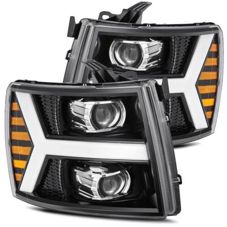 AlphaRex - AlphaRex 07-13 Chevy 1500 LUXX LED Proj Headlights Plank Style Jet Blk w/ Activ Light/Seq Signal/DRL