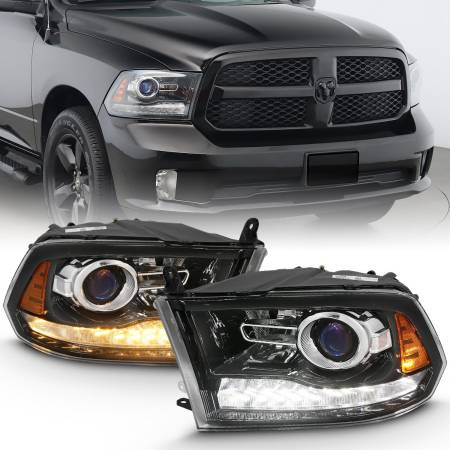 ANZO Headlights, Tail Lights and More  - ANZO 2009-2018 Dodge Ram 1500 Projector Plank Style Switchback H.L Halo Black Amber (OE Style)