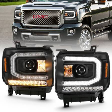 ANZO Headlights, Tail Lights and More  - ANZO 2016-2019 Gmc Sierra 1500 Projector Headlight Plank Style Black w/ Sequential Amber Signal