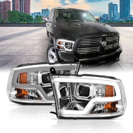 ANZO Headlights, Tail Lights and More  - ANZO 09-18 Dodge Ram 1500 Plank Style Projector Headlights Chrome w/ Halo