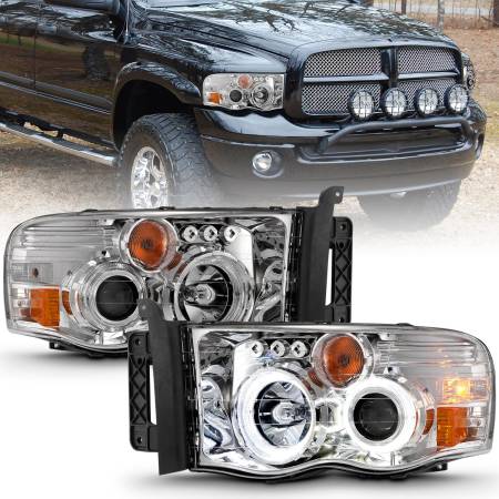 ANZO Headlights, Tail Lights and More  - ANZO 2002-2005 Dodge Ram 1500 Projector Headlights w/ Halo Chrome Clear Amber