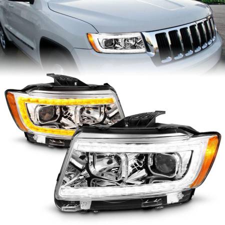 ANZO Headlights, Tail Lights and More  - ANZO 11-13 Jeep Grand Cherokee (Factory Halogen Only) Projector Headlights w/Light Bar Swchbk Chrome