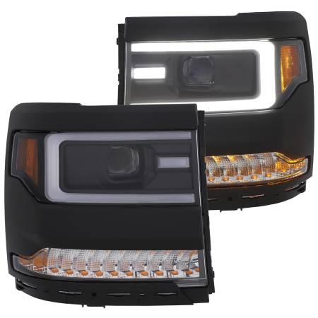 ANZO Headlights, Tail Lights and More  - ANZO 16+ Chevy Silverado 1500 Projector Headlights Plank Style Black w/Amber/Sequential Turn Signal