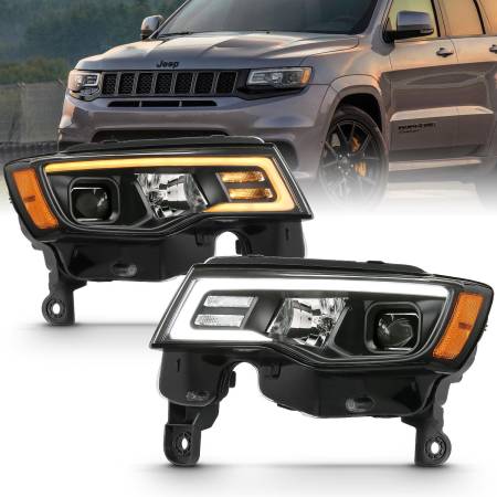 ANZO Headlights, Tail Lights and More  - ANZO 2017-2018 Jeep Grand Cherokee Projector Headlights w/ Plank Style Switchback - Black w/ Amber