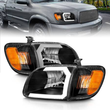 ANZO Headlights, Tail Lights and More  - ANZO 00-04 Toyota Tundra (Fits Reg/Acc Cab Only) Crystal Headlights w/Light Bar Black w/Corner Light