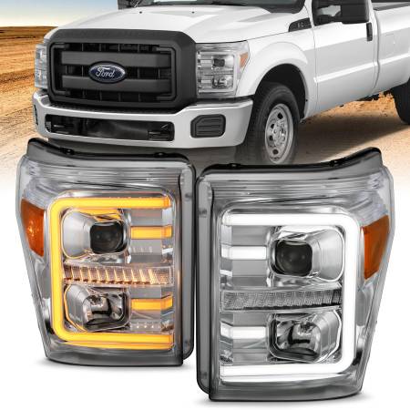 ANZO Headlights, Tail Lights and More  - ANZO 11-16 Ford F-250/F-350/F-450 Projector Headlights w/ Plank Style Switchback Chrome w/Amber