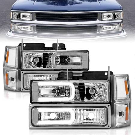 ANZO Headlights, Tail Lights and More  - ANZO 88-98 Chevrolet C1500 Crystal Headlights w/Light Bar Chrome Housing w/ Signal Side Markers 8Pcs