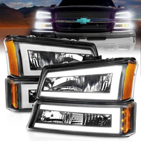 ANZO Headlights, Tail Lights and More  - ANZO 2003-2006 Chevrolet Silverado 1500 Crystal Headlights w/ Light Bar Black Housing