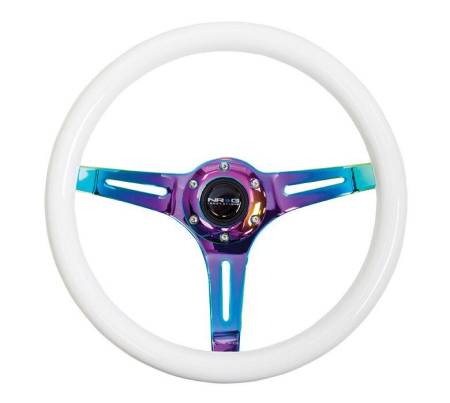 NRG Innovations - NRG Innovations Classic Wood Grain Steering Wheel (350mm) Glow-N-The-Dark Green Grip w/Neochrome 3-Spoke Center