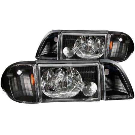 ANZO Headlights, Tail Lights and More  - ANZO 1987-1993 Ford Mustang Crystal Headlights Black w/ Corner Lights 3pc