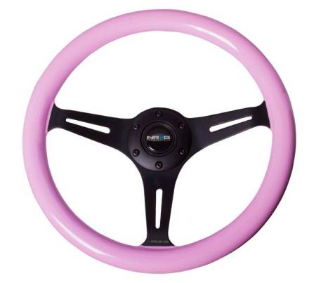 NRG Innovations - NRG Innovations Classic Wood Grain Steering Wheel (350mm) Solid Pink Painted Grip w/Black 3-Spoke Center