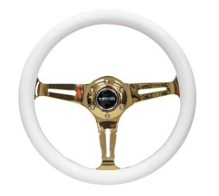 NRG Innovations - NRG Innovations Classic Wood Grain Steering Wheel (350mm) White Grip w/Chrome Gold 3-Spoke Center