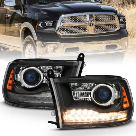 ANZO Headlights, Tail Lights and More  - ANZO 2009-2018 Dodge Ram 1500 Projector Headlights Plank Style Halo w/Switchback Matte Black