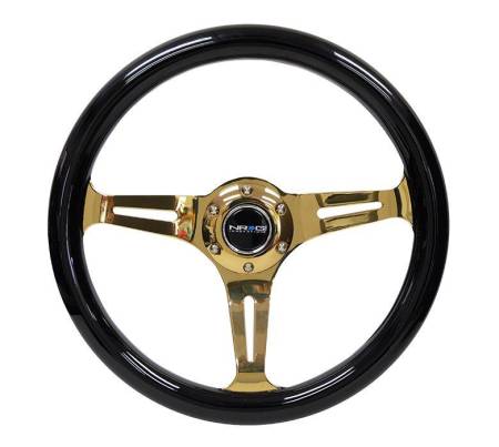 NRG Innovations - NRG Innovations Classic Wood Grain Steering Wheel (350mm) Black Grip w/Chrome Gold 3-Spoke Center