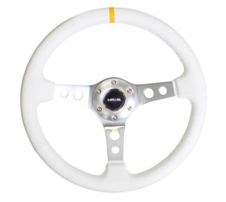 NRG Innovations - NRG Innovations Reinforced Steering Wheel (350mm / 3in. Deep) Wht Leather w/Silver Spoke & Single Yellow Mark