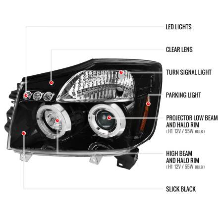 Spec'D Tuning Products - Spec-D 2004-2015 Nissan Titan/ 2004-2007 Armada Dual Halo Projector Headlights (Jet Black Housing/Clear Lens)