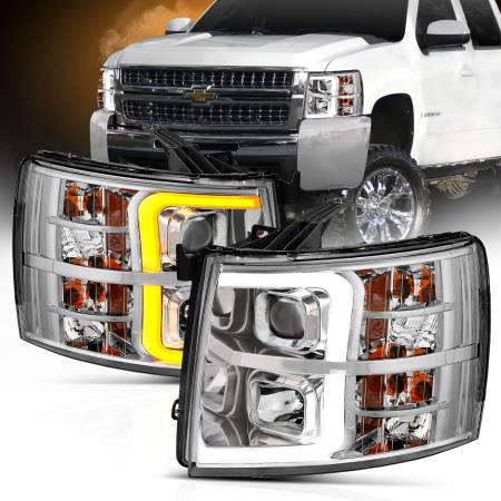 ANZO Headlights, Tail Lights and More  - ANZO 07-13 Chevrolet Silverado 1500/2500/3500 Proj Headlights w/ Plank Style Switchback Chrome w/Amb