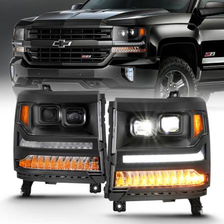 ANZO Headlights, Tail Lights and More  - ANZO 16-18 Chevrolet Silverado 1500 LED Projector Headlights w/Plank Style Switchback Black w/ Amber