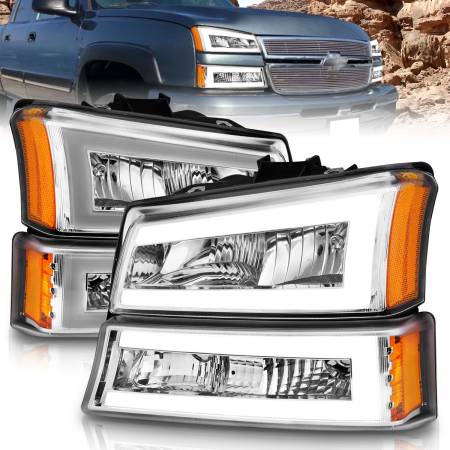 ANZO Headlights, Tail Lights and More  - ANZO 2003-2006 Chevrolet Silverado 1500 Crystal Headlights w/ Light Bar Chrome Housing