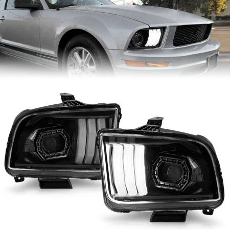 ANZO Headlights, Tail Lights and More  - ANZO 05-09 Ford Mustang (w/Factory Halogen HL Only) Projector Headlights w/Light Bar Black Housing