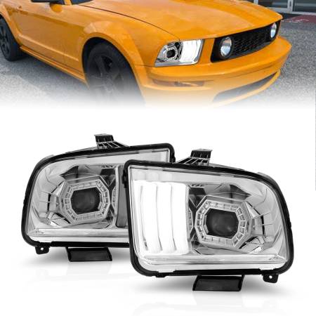 ANZO Headlights, Tail Lights and More  - ANZO 05-09 Ford Mustang (w/Factory Halogen HL Only) Projector Headlights w/Light Bar Chrome Housing