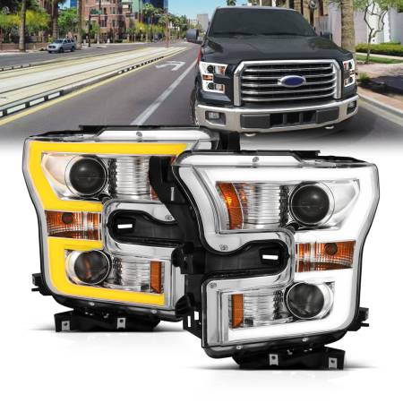 ANZO Headlights, Tail Lights and More  - ANZO 2015-2017 Ford F-150 Projector Headlights w/ Plank Style Switchback Chrome w/ Amber