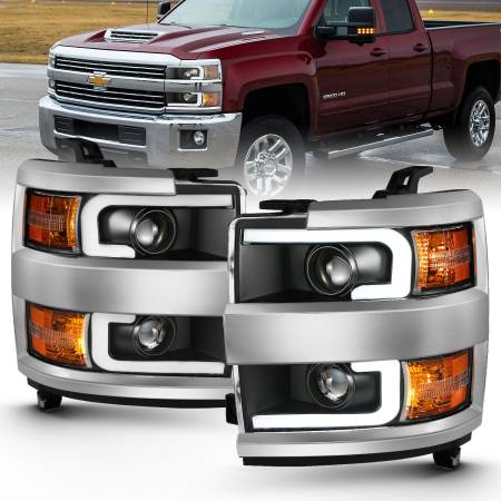 ANZO Headlights, Tail Lights and More  - ANZO 2015-2016 Chevrolet Silverado Projector Headlights w/ Plank Style Design Black w/ Amber