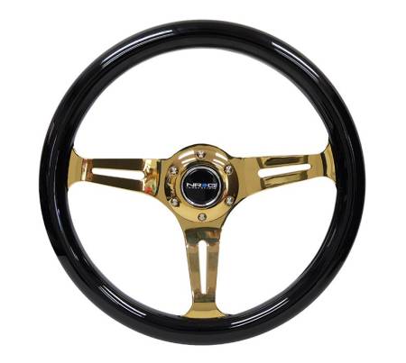 NRG Innovations - NRG Innovations Classic Wood Grain Steering Wheel (350mm) Black Grip w/Chrome Gold 3-Spoke Center