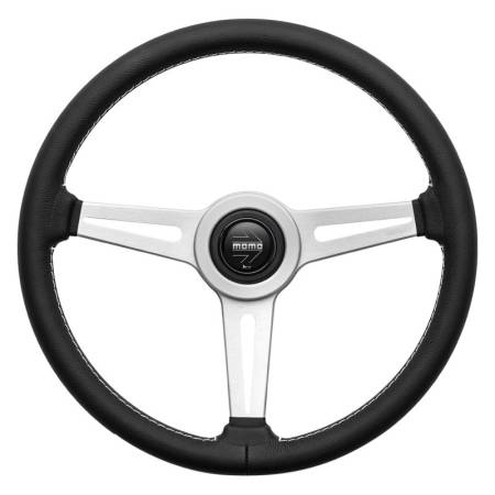 Momo - Momo Retro Steering Wheel 360 mm - 4 Black Leather/Wht Stitch/Brshd Spokes