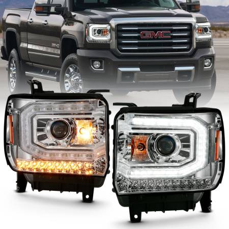 ANZO Headlights, Tail Lights and More  - ANZO 2016-2019 Gmc Sierra 1500 Projector Headlight Plank Style Chrome w/ Sequential Amber Signal