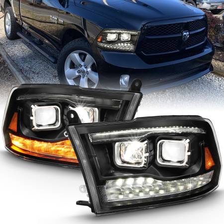 ANZO Headlights, Tail Lights and More  - ANZO 2009-2018 Dodge Ram 1500 Led Projector Plank Style Switchback H.L Halo Black Amber (OE Style)