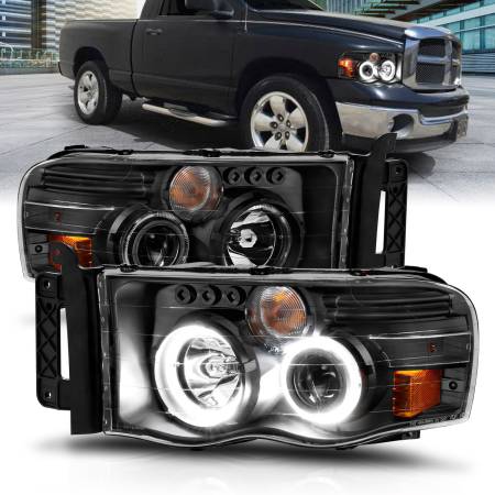 ANZO Headlights, Tail Lights and More  - ANZO 2002-2005 Dodge Ram 1500 Projector Headlights w/ Halo Black Clear Amber