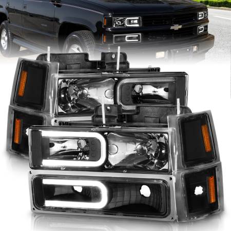 ANZO Headlights, Tail Lights and More  - ANZO 88-98 Chevrolet C1500 Crystal Headlights w/ Light Bar Black Housing w/ Signal Side Markers 8Pcs