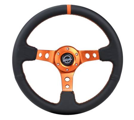 NRG Innovations - NRG Innovations Reinforce Steering Wheel (350mm / 3in. Deep) Blk Leather, Orange Center Mark w/ Orange Stitching