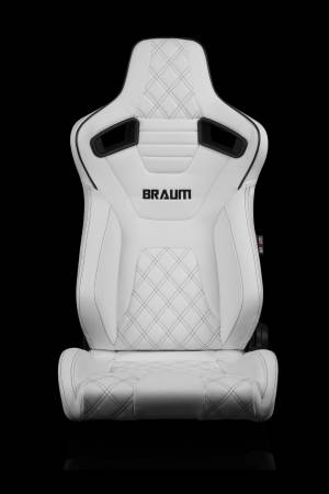 BRAUM RACING SEATS & MORE - BRAUM Racing Elite-X Series Sport Seats - White Leatherette Diamond Stitching ( Double White Stitching / Black Piping) - Pair