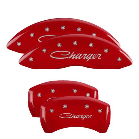 MGP Caliper Covers - MGP Caliper Covers Red finish, Silver Charger (Cursive) for 2011-2019 Dodge Charger / 2011-2019 Dodge Challenger