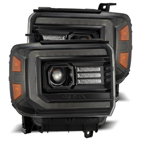 AlphaRex - AlphaRex 14-18 GMC Sierra LUXX LED Proj Headlights Plnk Style Alpha Blk w/Activ Light/Seq Signal/DRL