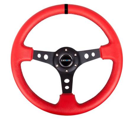 NRG Innovations - NRG Innovations Reinforced Steering Wheel (350mm / 3in. Deep) Red Leather/Blk Stitch w/Blk Spokes (Hole Cutouts)