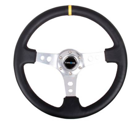 NRG Innovations - NRG Innovations Reinforced Steering Wheel (350mm / 3in. Deep) Blk Leather w/Circle Cut Spokes & Single Yellow CM