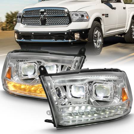 ANZO Headlights, Tail Lights and More  - ANZO 2009-2018 Dodge Ram 1500 Led Projector Plank Style Switchback H.L Halo Chrome Amber (OE Style)