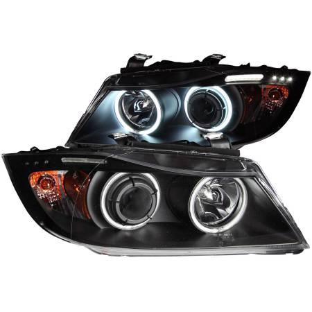 ANZO Headlights, Tail Lights and More  - ANZO 2006-2008 BMW 3 Series E90-E91 Projector Headlights w/ Halo w/ LED Bar Black (CCFL)