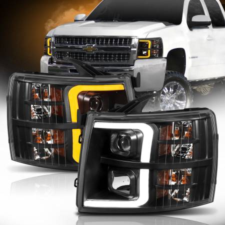 ANZO Headlights, Tail Lights and More  - ANZO 07-13 Chevrolet Silverado 1500 Plank Style Projector Headlights Black w/ Amber