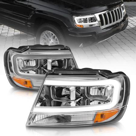 ANZO Headlights, Tail Lights and More  - ANZO 1999-2004 Jeep Grand Cherokee Crystal Headlights w/ Light Bar Chrome Housing