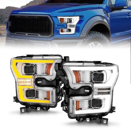 ANZO Headlights, Tail Lights and More  - ANZO 15-17 Ford F-150 LED Projector Headlights - w/ Light Bar Switchback Chrome Housing