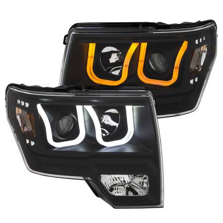 ANZO Headlights, Tail Lights and More  - ANZO 2009-2014 Ford F-150 Projector Headlights w/ U-Bar Switchback Black w/ Amber