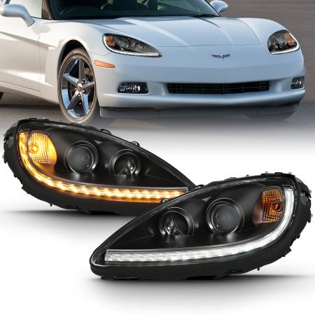 ANZO Headlights, Tail Lights and More  - ANZO 2005-2013 Chevy Corvette Projector Plank Style Switchback H.L. Black Amber